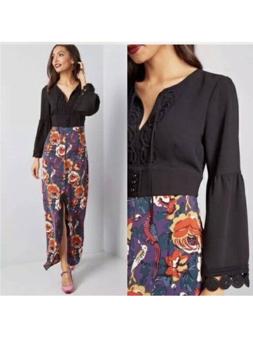 NWT ModCloth Anna Sui Floral Rooted in Retro Bird Bell Sleeve Maxi Dress Size 4